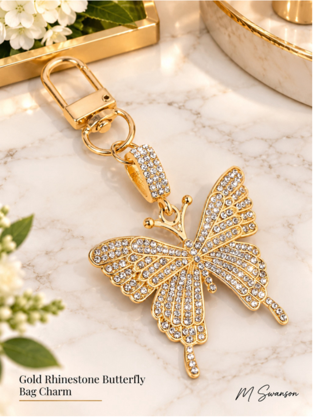 NEW Gold Rhinestone Butterfly Keychain Bag Charm Sparkly Crystal Purse Charm NWT
